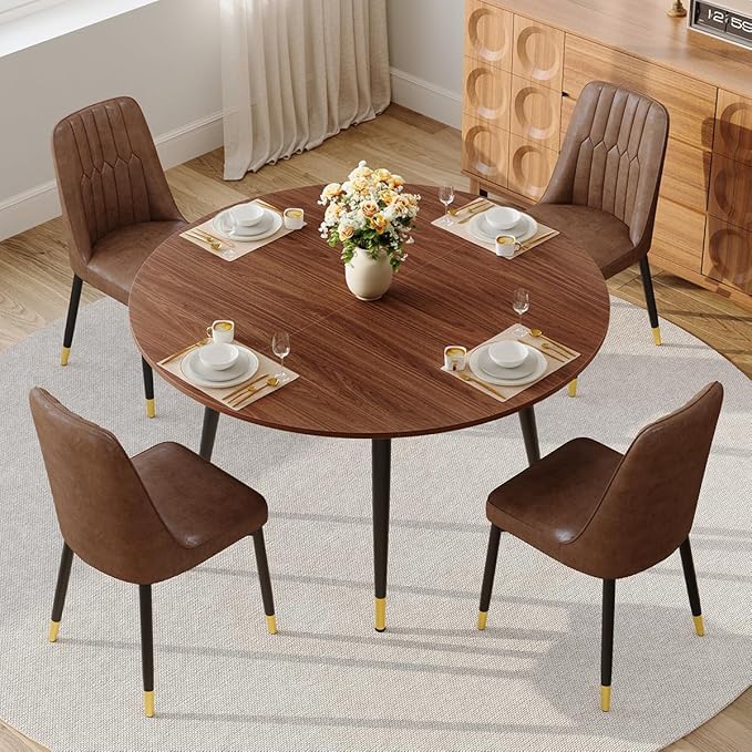 53” Round Dining Table Set for 4｜5 Piece Wood Dining Table Set｜Extendable Dining Room Table with 4 Chairs｜Walnut Wooden Tabletop with Metal Legs｜Easy Assembly｜Space Saving｜for Kitchen, Living Room