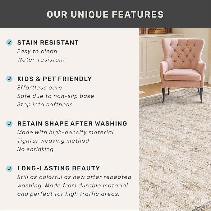 Beige 3x10 Washable Long Hallway Runner Rug Non Slip, Stain & Fade Resistant Farmhouse Kitchen Rug, Neutral Traditional Home Décor, Low Pile Non-Shedding Stain Resistant Oriental Carpet