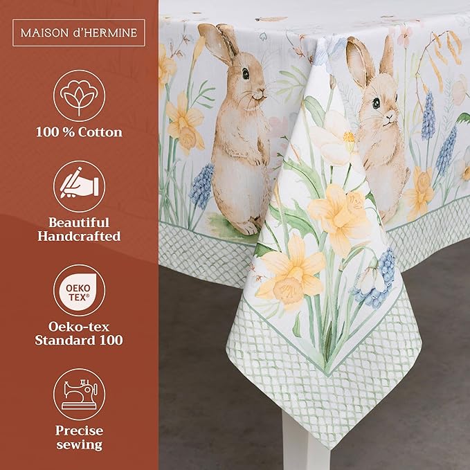 Maison d' Hermine Table Cloth Square Table 100% Cotton 60 x 60 Inches Tablecloth Reusable Decorative for Dining Room Farmhouse Home Valentines Day Decorations Spring Summer - Easter Dew