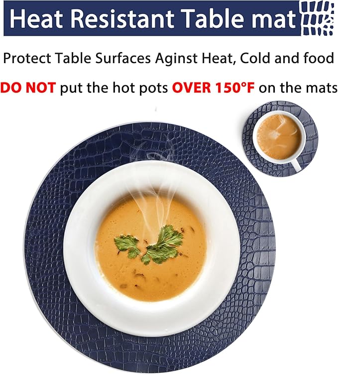 Round Leather Placemats for Round Tables Set of 6, Blue Table Place Mats and Coasters, Washable Easy to Care for Indoor Decor 13" Diameter