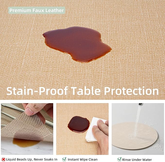 Round Wipeable Placemats Set of 2 – Faux Leather Round Table Mats, Waterproof & Washable Vinyl Placemats, Circle Design for Dining Table Decor– Warm Tan