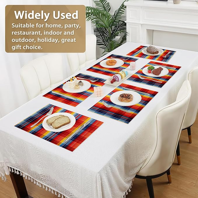 Placemats Set of 6 Linen Washable Kitchen Dining Colorful Mexican Stripes Lines Table Mats Stain Heat-Resistant Desktop Décor Place Mats for Home Party Indoor 12x18 in