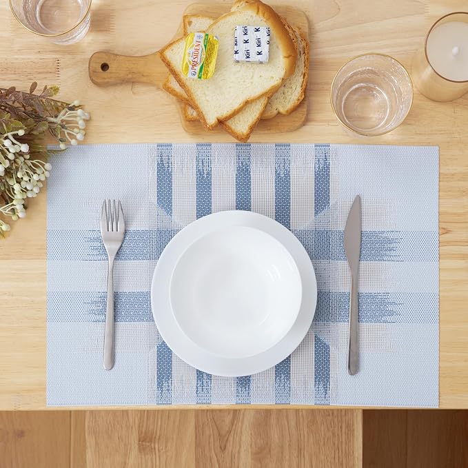 Winknowl Placemats Set of 8, Heat Resistant Stain Resistant Woven Vinyl Insulation Place mats, Durable Washable Elegant Table Mats for Kitchen Dining Table Decor (Geometric Blue)