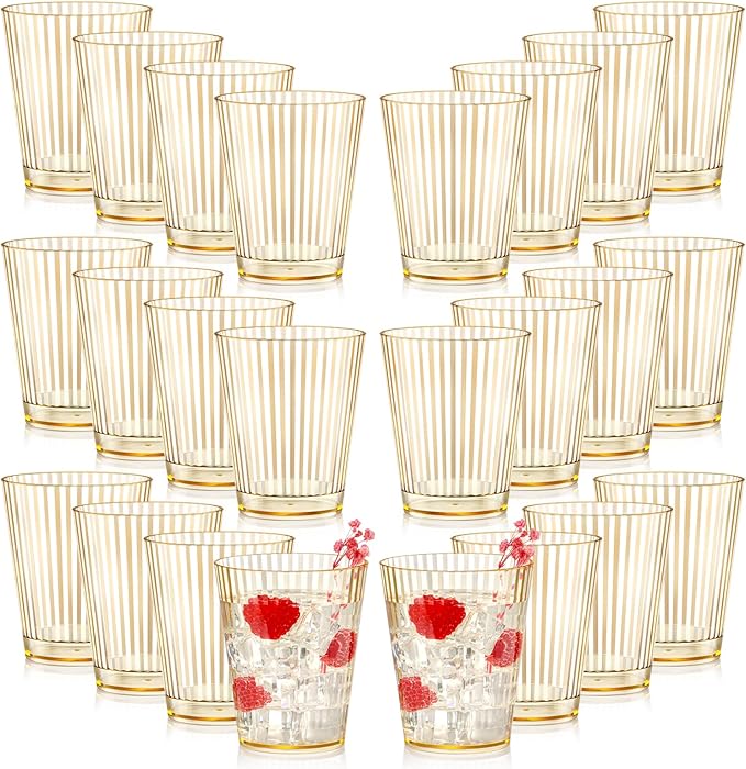 24 PCS Plastic Ribbed Drinking Glasses 10oz Gold Vintage Ripple Stemless Wine by SHIQIKEJIPTY