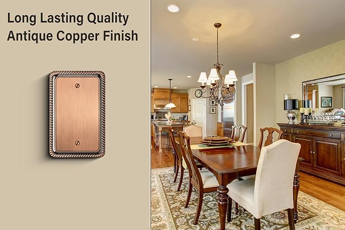 Henne Bery Rope Edge Decorative Wall Plate Switch Plate Outlet Cover (Single Blank, 2 Pack, Antique Copper)