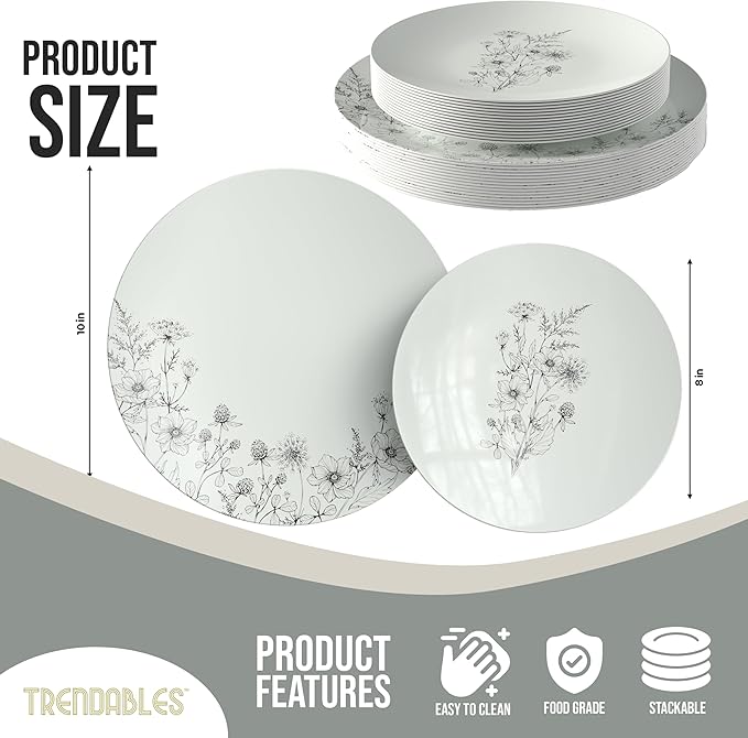 Trendables Disposable Dinnerware Decorative Plates Plastic Disposable Plates Set For 20 Guests 20 x 8 Inch Dessert Plate & 20 x 10 Inch Wedding Party Plate Set Dandelion Bloom