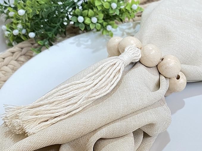 Handmade Napkin Ring with Wood Beads & Jute Twine - Affordable Rustic Wooden Napkin Ring Holder for Table Decoration | Boho Style Farmhouse Napkin Rings | Napkin Rings Set of 6