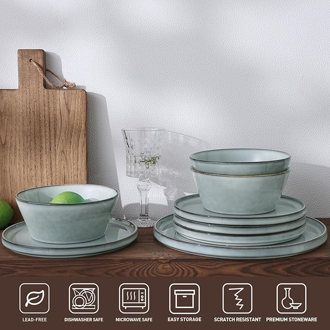 Famiware Plates and Bowls Sets, Annecy Stoneware Dinnerware Sets for 8, 24 Pieces Dish Set, Plate with Lip Edge, Reactive Glaze Tableware - Microwave & Dishwasher Safe, Grey-Blue