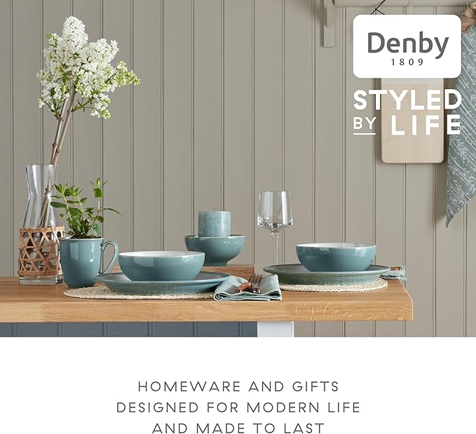 Denby - Elements Fern Green Cereal Bowls Set of 4-28oz Everyday Soup, Dessert Bowls - Contemporary Design - Dishwasher & Microwave Safe Ceramic Stoneware Tableware - Scratch Resistant