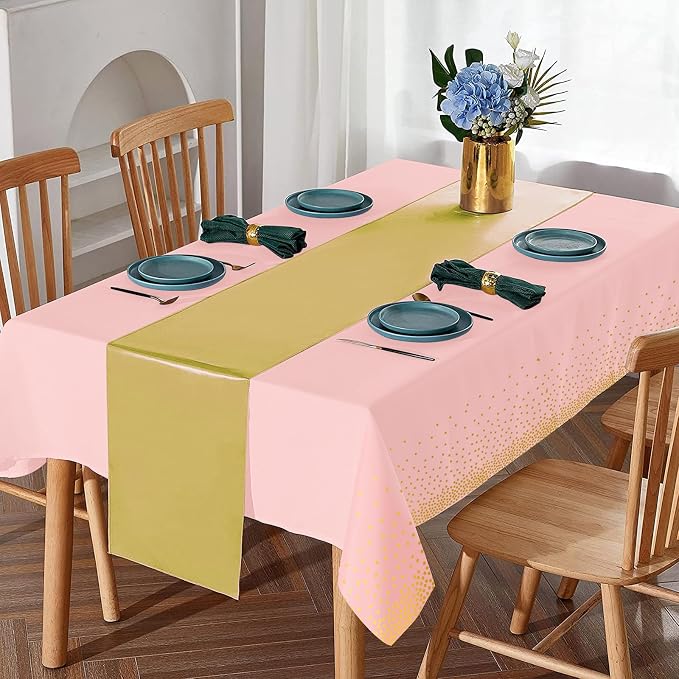 8Pack Disposable Plastic Tablecloths and Satin Table Runner Set Pink and Gold - Image 4