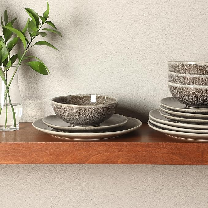 Gibson Elite Sandy Pines Stoneware Plates and Bowls Set - 12 Piece Reactive Glaze Dinnerware Set - Service for 4 - Dishwasher and Microwave Safe - Brown