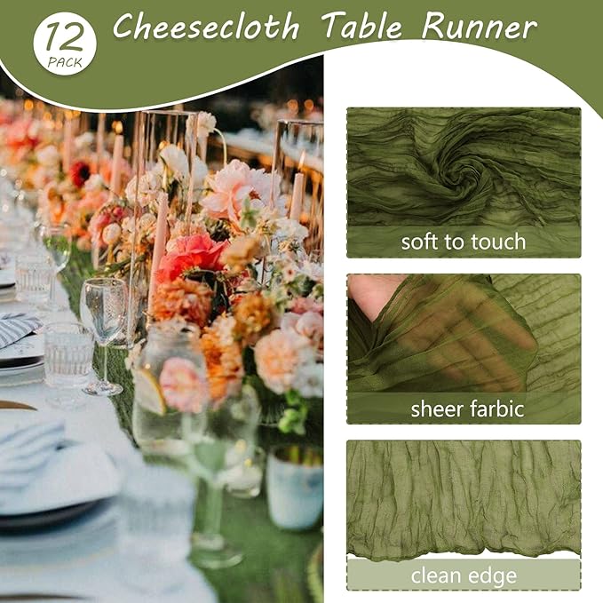12 Pack Boho Gauze Table Runner - 35x72 Inch, Rustic Cheese Cloth, Long, Romantic, for Wedding, Bridal Shower, Birthday Party Decor (Grass Green)
