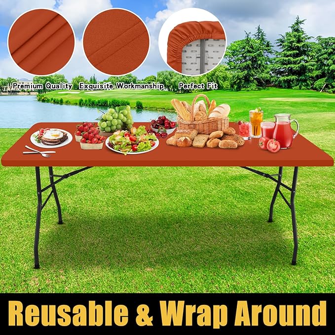 Smiry Rectangle Picnic Table Cloth, Waterproof Elastic Fitted Tablecloths for 6 Foot Tables, Washable Polyester Table Cover for Camping, Indoor and Outdoor (Rust, 30"x72")