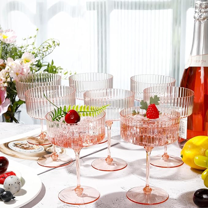 12 Pcs Ribbed Martini Glasses 10 oz Disposable Plastic Vintage Ribbed Coupe Glasses Unbreakable Dessert Parfait Glassware for Wedding Birthday Party Supplies (Champagne Powder)