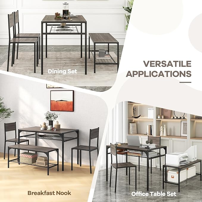 NAFORT Kitchen Table Set for 4, Space-Saving 4-Piece Dining Table Set with Bench and 2 Chairs, Industrial Rectangular Dining Room Set with Storage Shelves for Apartment, Kitchen&Dining, Restaurant