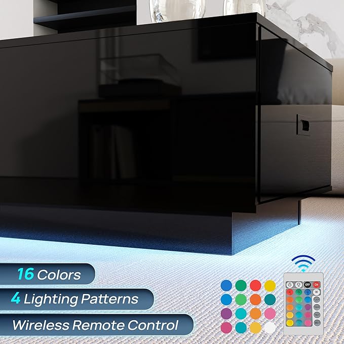 41" LED Coffee Table with 2 Drawers - High Gloss Black Modern Table with Lighting for Living Room (41.33" W x 23.62" D)