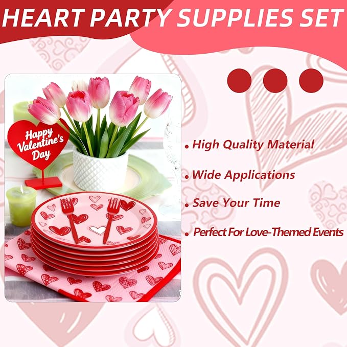 100 Pcs Valentine’s Day Heart Tableware Party Supplies Set, Serves 25 – - Image 7
