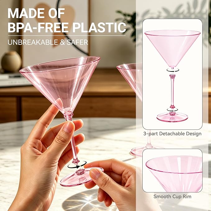 Plastic Martini Glasses Set of 12, 9 oz Pink Cocktail Cups | Unbreakable - Image 4