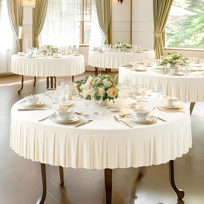 6 Pack Ivory Spandex Round Tablecloths for 72in Table, Stretchy Fitted 6FT Round Table Cloths, Wrinkle Free Table Cover with Skirt for Wedding Birthday Party Bridal Shower Banquet