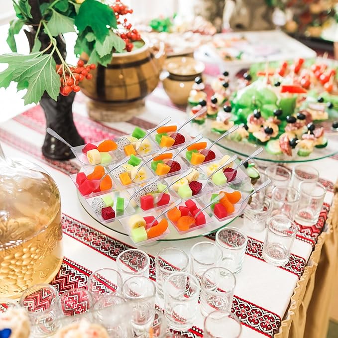 300 Pcs Mini Clear Dessert Plate Small Square Plastic Appetizer Plate with 300 Tasting Spoon Disposable 1 oz 2.4x2.4 Inch Party BBQ Wedding Picnic Party Travel Events Microwavable(Classical)