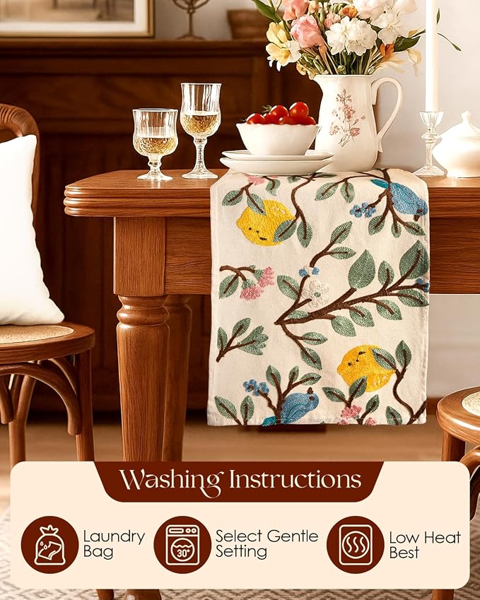 Canvas Embroidered Narrow 13"x 90" Table Runner, Lemon Bird | Exquisite - Image 4