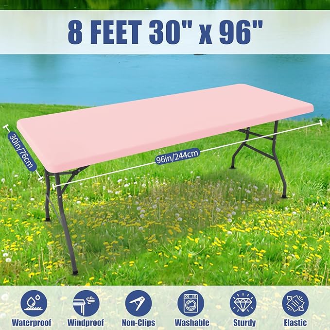 Spandex 8 Foot Rectangle Table Cloth 2 Pack, Elastic Fitted Tablecloths for Picnic, Stretch Washable Patio Table Cover for Outdoor, Camping, Banquet and Parties (Pink, 30"x96")