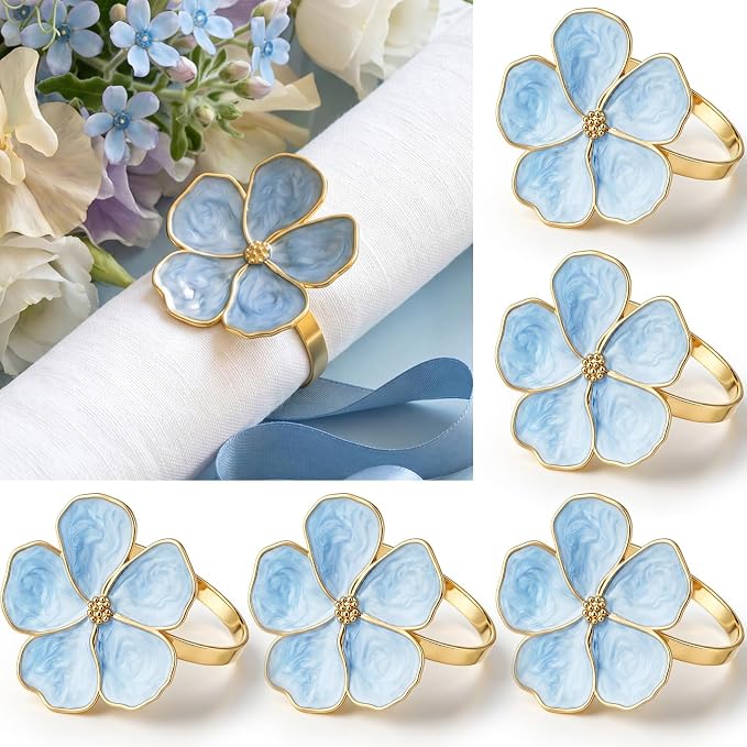 Patelai Set of 6 Blue Flower Napkin Rings Bulk Gold Napkin Ring Holders | by Patelai