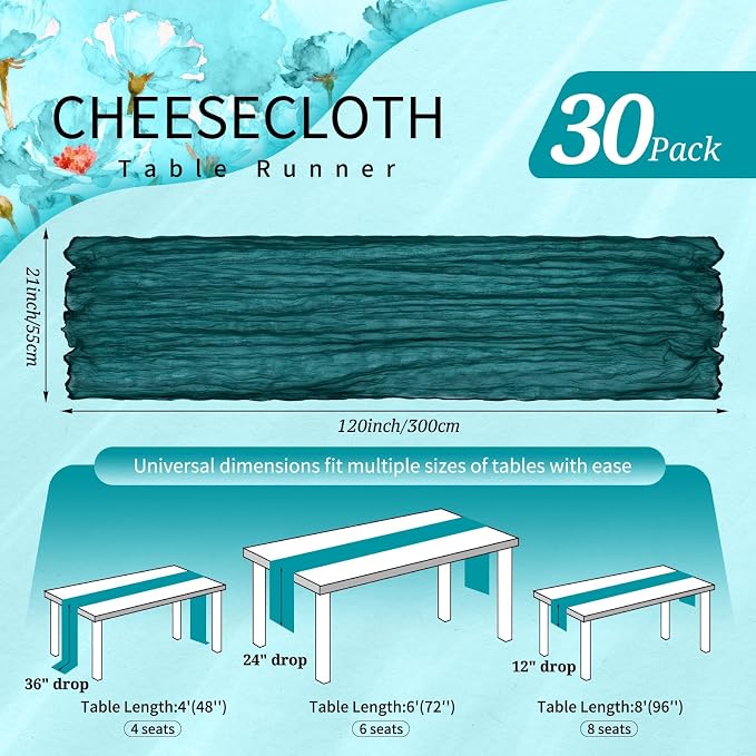 30 Pack Cheesecloth Table Runner 10FT Teal Table Runner Boho Gauze Cheese Cloth - Image 2