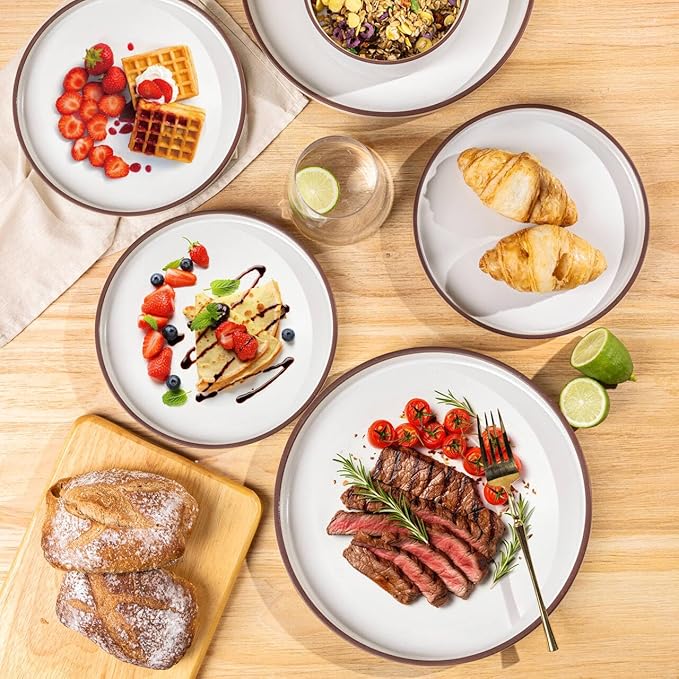 LERATIO Dinner Plates,10.25 Inch Ceramic Flat Plates Set of 6,High Edge Modern plates for Kitchen,Microwave & Dishwasher & Oven Safe, Scratch Resistant Dishes Set-White with Rim