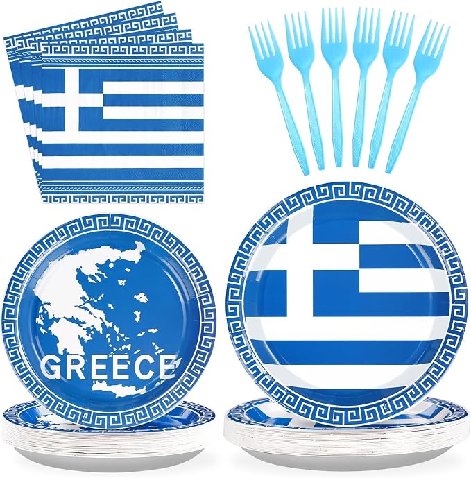 96PCS Greek Flag Birthday Party Supplies Greece Flag Plates，Serves 24 | by Grencian