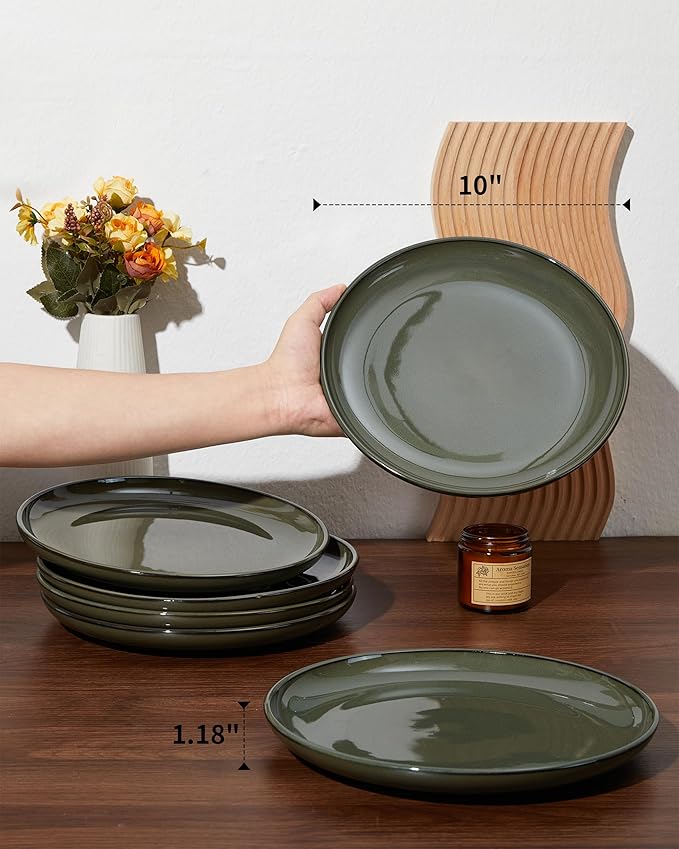 Ceramic Plate Set 10 Inch, Terracotta Dinner Plates of 6, Microwave Safe Plate, Large Serving Plates for for Salad Pasta Steak, Blackish Green