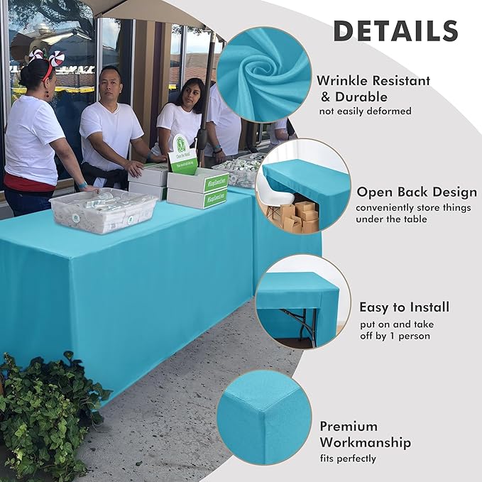 Nasitos 2 Pack Teal 6ft Table Cloth Fitted-Open Back Folding Table Cover Washable Fabric and Wrinkle Resistant Table Cloth for Trade Show, Book Fair, Career Fair, Convention, Events