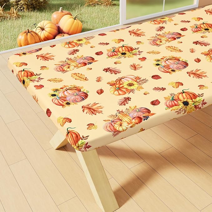 Smiry Rectangle Thanksgiving Table Cloth, Waterproof Elastic Fitted Tablecloths for 6 Foot Tables, Washable Polyester Table Cover for Autumn Harvest Parties (Pumpkin Sunflower, 30"x72")