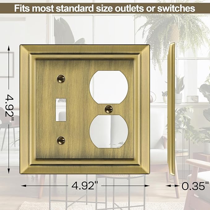Metal Wall Plate for Electrical Outlets, Decorative Antique Brass Switch Plates Outlet Cover, Light Switch Cover Plate, 2-Gang Wall Plates (Toggle/Duplex, 2 Pack)