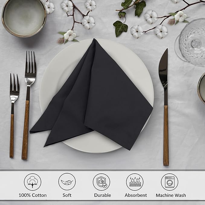 Ruvanti Cloth Napkins Set of 6, 18x18 Inches, 100% Cotton, Washable, Soft & Absorbent, Perfect for Wedding, Christmas, ‎Thanksgiving Dinners - Black Beauty