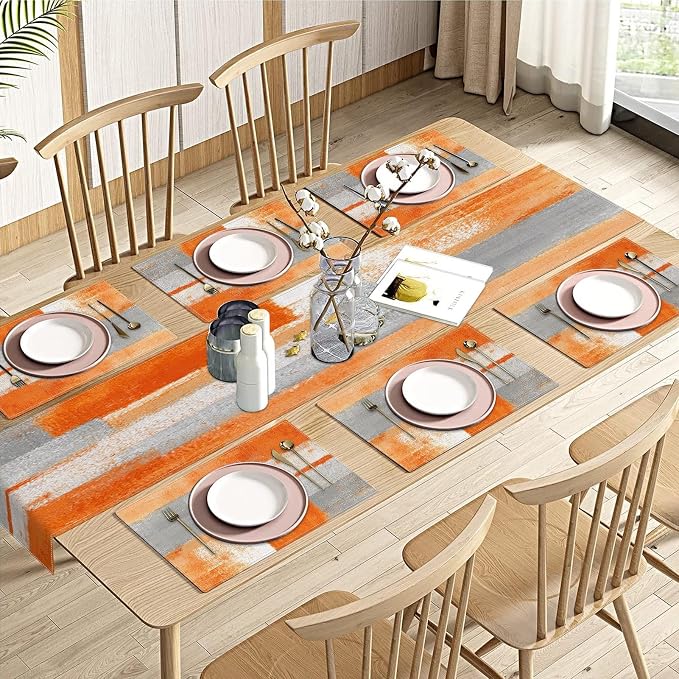 Table Runner and Placemats Set of 6, Abstract | Painting Orange Grey Art Dining by ArtSocket