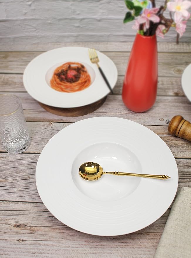 Ceramic Wide Rimmed Soup Plate, Soup Bowl 8 oz, Pasta Bowl Set of 4, White Shallow Bowl Plate with Rim, Best choice for high-end restaurants, hotels, and foodies, 9.6 Inch Coil relief