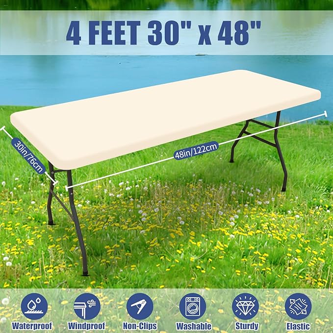 Spandex 4 Foot Rectangle Table Cloth 2 Pack, Elastic Fitted Tablecloths for Picnic, Stretch Washable Patio Table Cover for Outdoor, Camping, Banquet and Parties (Champagne, 30"x48")