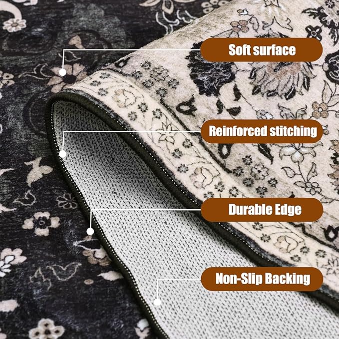 Floral Living Room Rug 5x7 Washable Rugs Boho Vintage Oriental Large Foldable Faux Wool Carpet for Bedroom Nursery Room Dorm Kids Playroom Home Office Blcak Navy Multi