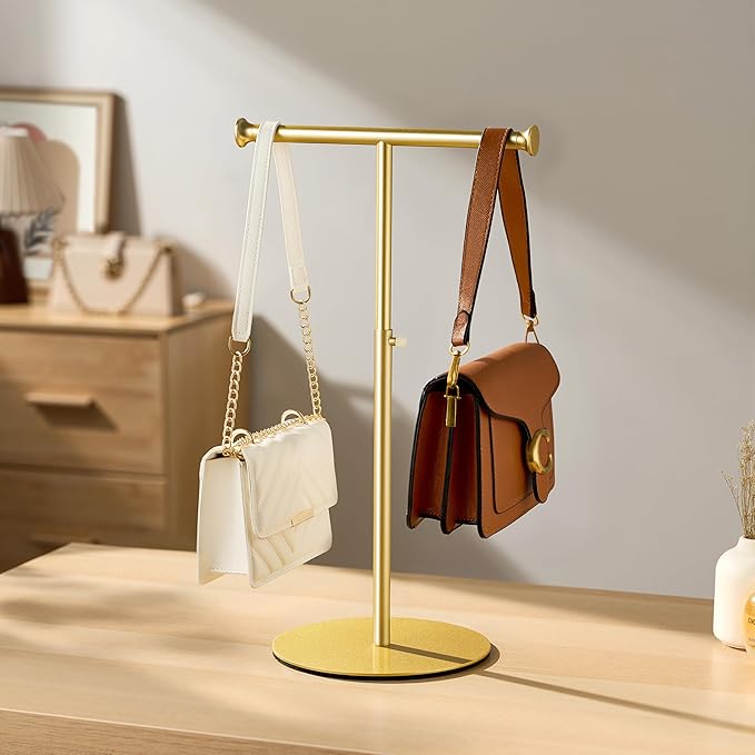 niffgaff T Bar Purse Display Stand Tabletop: Adjustable Height Handbag Holder, Countertop Hanging Rack for Long Necklace Scarf Lanyard, Gold