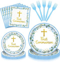 96 Pieces First Communion Floral Tableware Set – Blue Floral Cross Disposable by GistomeHome