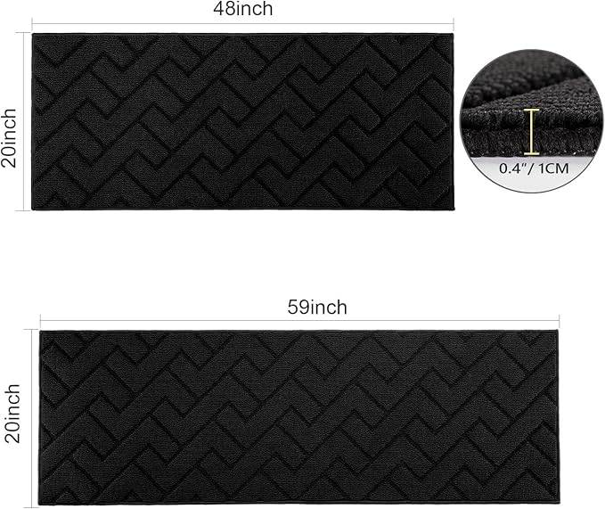 hicorfe Kitchen Rugs and Mats Sets,Non-Slip 2 Pieces Absorbent 100% Polypropylene Rug,Comfort Kitchen Runner Mat,Washable for Kitchen,Sink,Laundry(20" x 48" Plus 20" x 59",Black)