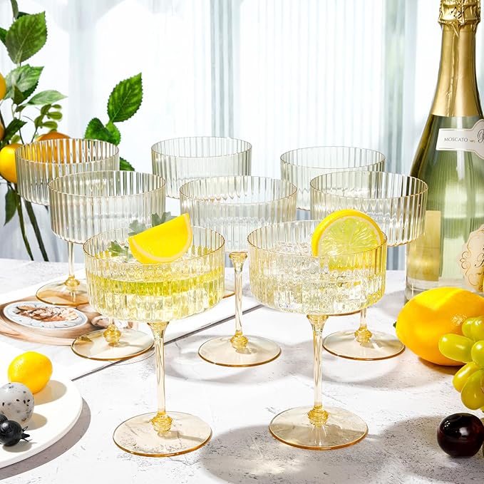 6 Pcs Ribbed Martini Glasses 10 oz Disposable Plastic Vintage Ribbed Coupe Glasses Unbreakable Dessert Parfait Glassware for Wedding Birthday Party Supplies (Gold)
