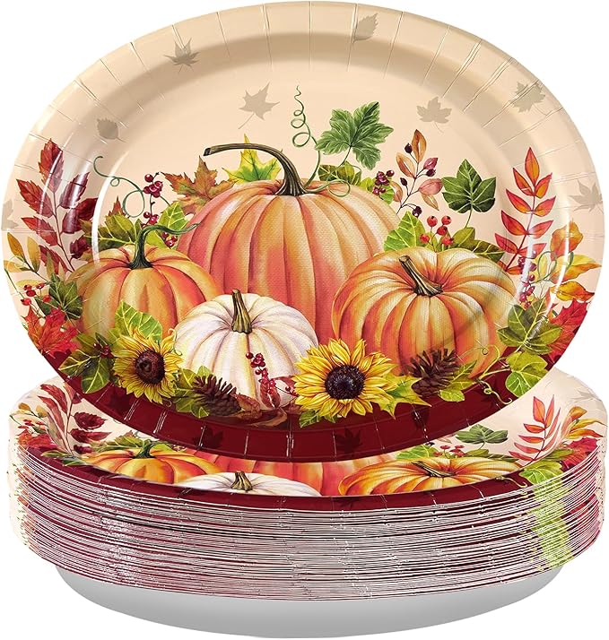 Grencian 50Pcs Fall Oval Paper Plates 10" x 12" Large Disposable Heavy Duty Pumpkin Plates Thanksgiving Pumpkin Sunflower Paper Platters for Thanksgiving Fall Harvest Holiday Decorations