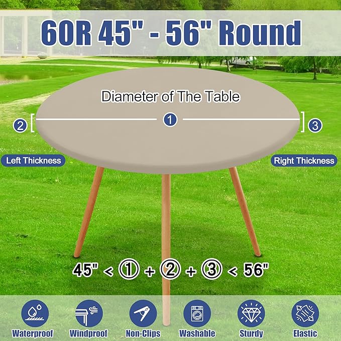 Round Spandex Tablecloth 2 Pack, Elastic Fitted Waterproof Tablecloths for 45"-56" Tables, Stretch Washable Picnic Table Cover for Camping, Dining, Indoor and Outdoor, Taupe