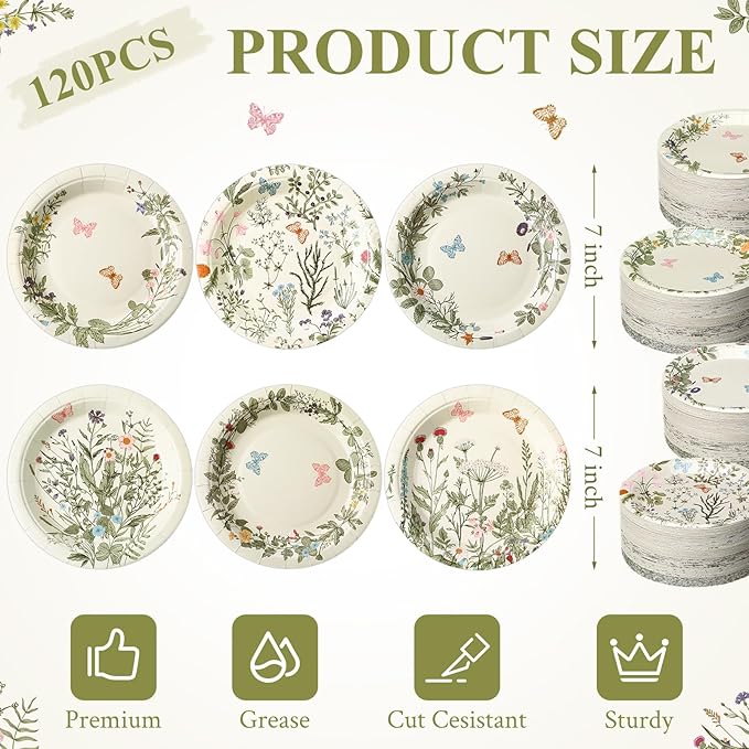 Umigy 120 Pcs Summer Wild Floral Paper Plates 7 Inch Party Plates, Flower and Butterfly Dinner Tableware Watercolor Flower Tea Party Dessert Tableware for Birthday Wedding Baby Shower Bridal Shower