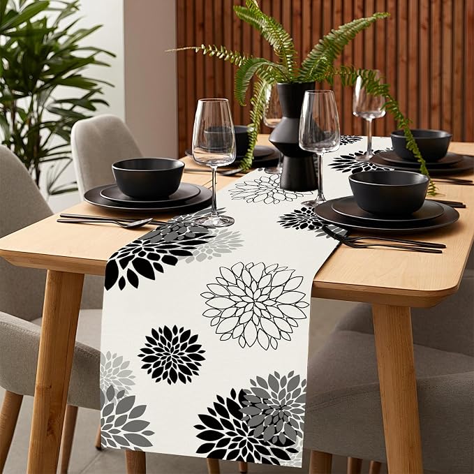 Black Gray Table Runner Dahlia Pinnata Flower Beige Table Runners Modern - Image 3