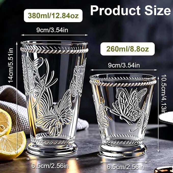 8 Pack Embossed Vintage Mixed Drinking Glasses, 12 Oz & 9 Oz Glasses | Embossed - Image 2