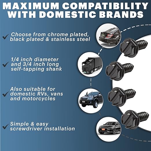 License Plate Screws with Rustproof Finish - License Plate Screw Kit for Front & Rear Plates - License Plate Bolts for Domestic Vehicles - Stainless Steel Screws for License Plates (4-Pack, Black)