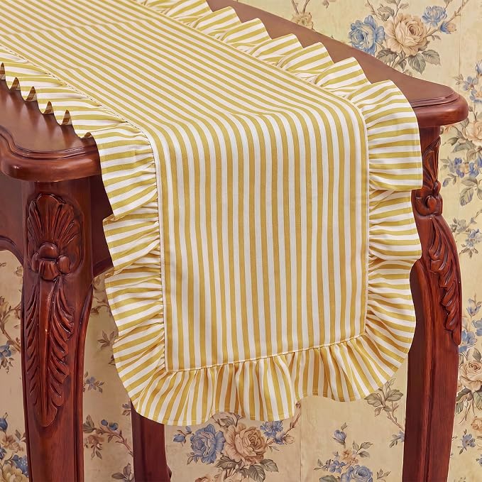 HunnmingRe Ruffle Trim Boho Table Runner Farmhouse Rustic Stripes Scalloped - Image 4